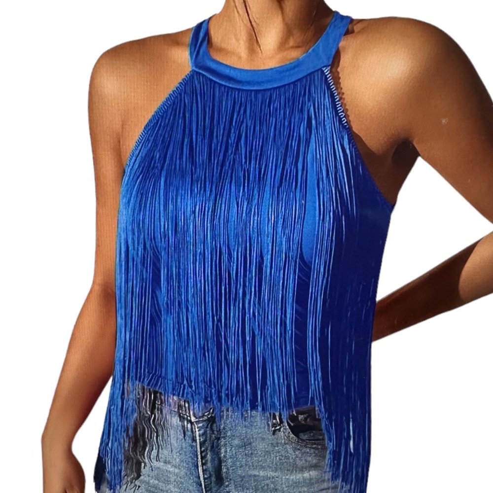 Vrtige Women's Casual Fringe Trim Halter Neck Tassel Fitted Sleeveless Cami Tank